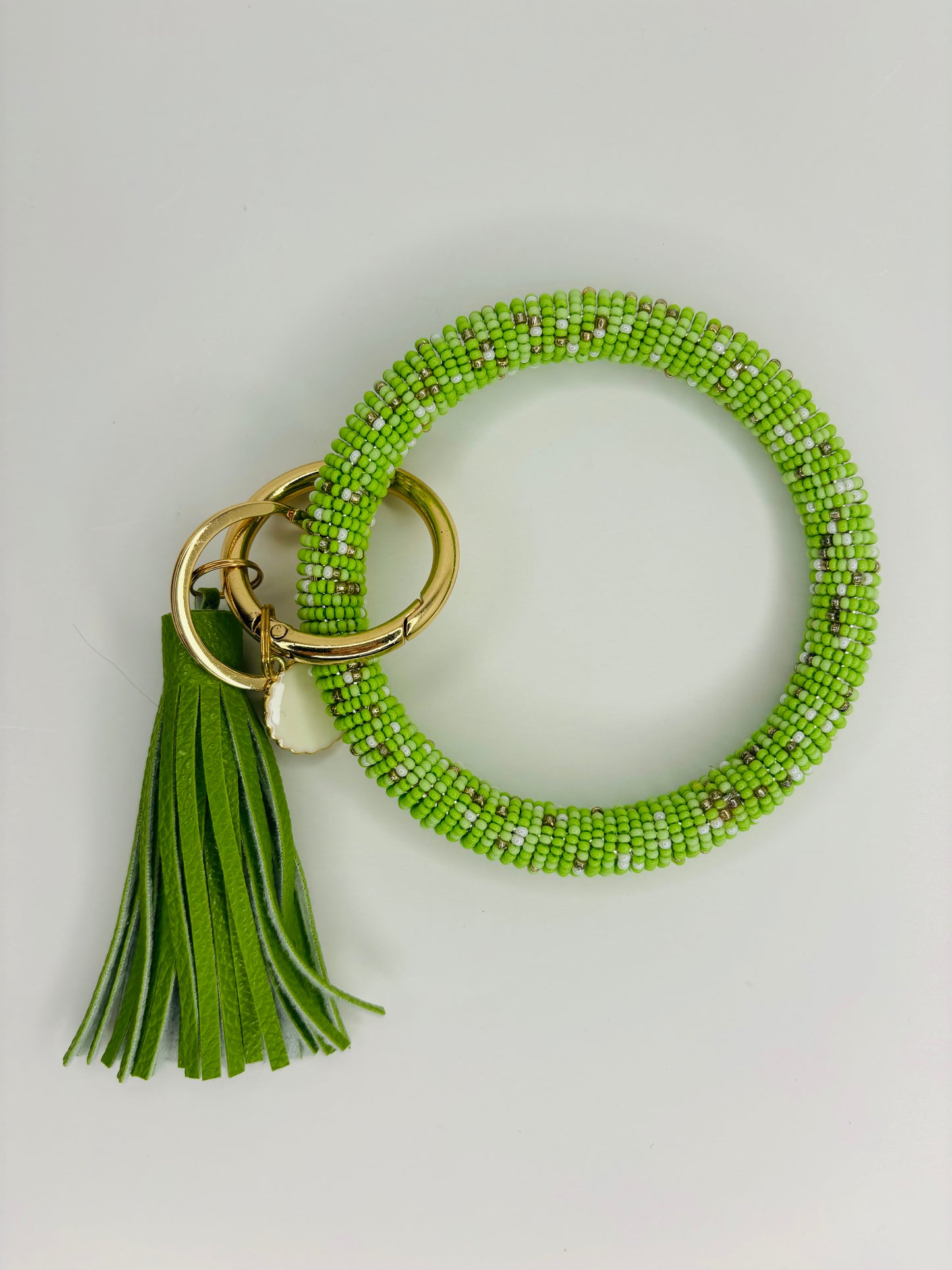 Lime green Beaded Wristlet, Seed Bead wrap, lime green wristlet with matching lime green tassel