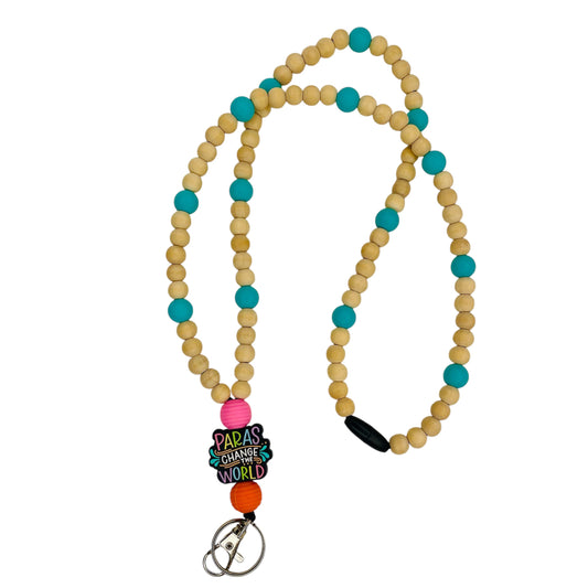 “Paras change the world” beaded lanyard, wooden beaded, silicone beads, colorful “paras change the world bead” with breakaway clasp