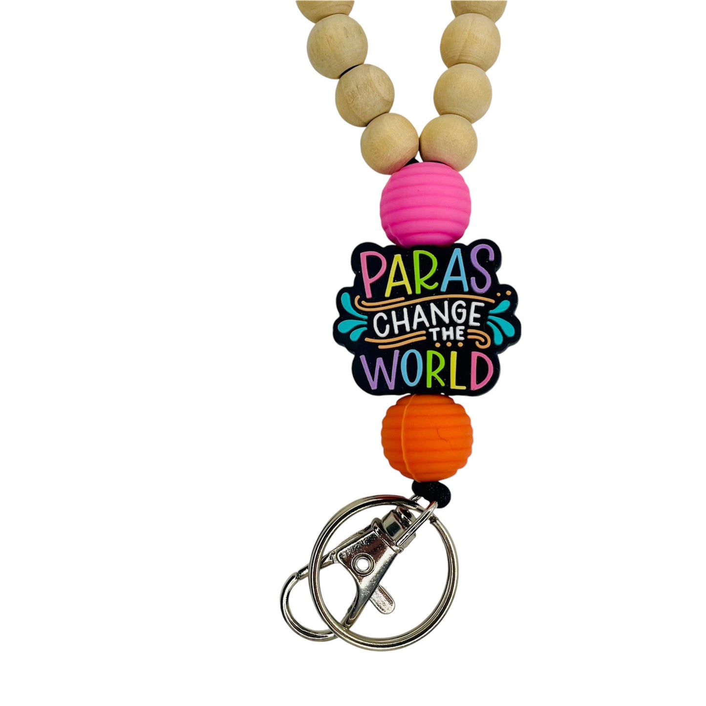 “Paras change the world” beaded lanyard, wooden beaded, silicone beads, colorful “paras change the world bead” with breakaway clasp