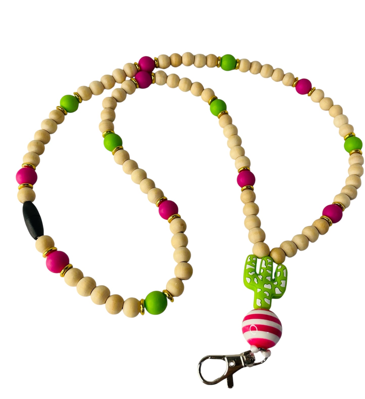 Wooden beaded lanyard with cactus focal bead and breakaway clasp