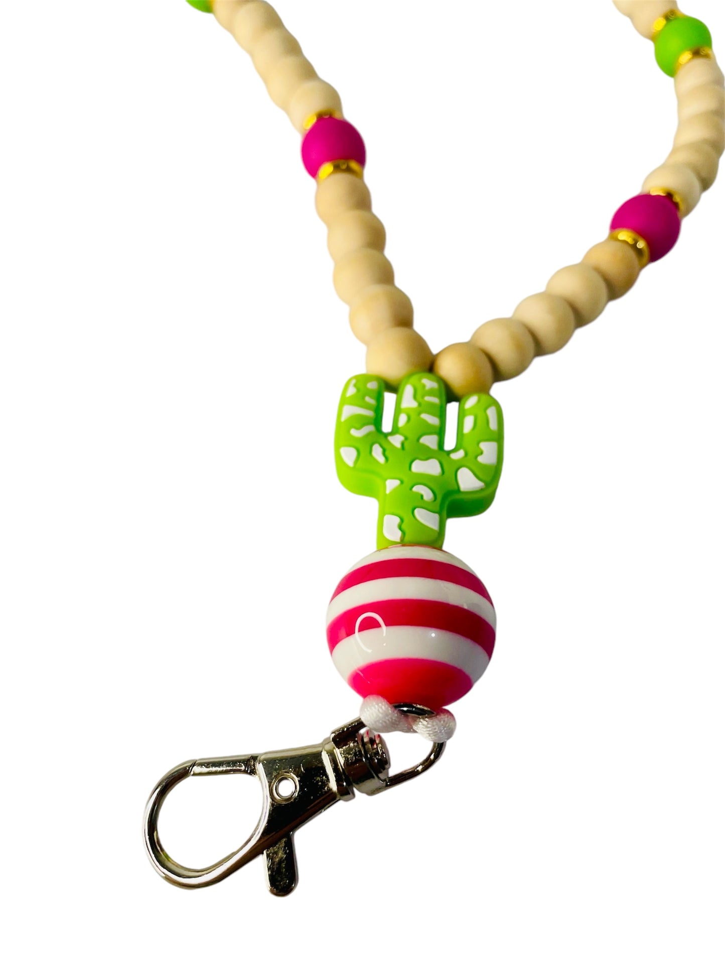 Wooden beaded lanyard with cactus focal bead and breakaway clasp