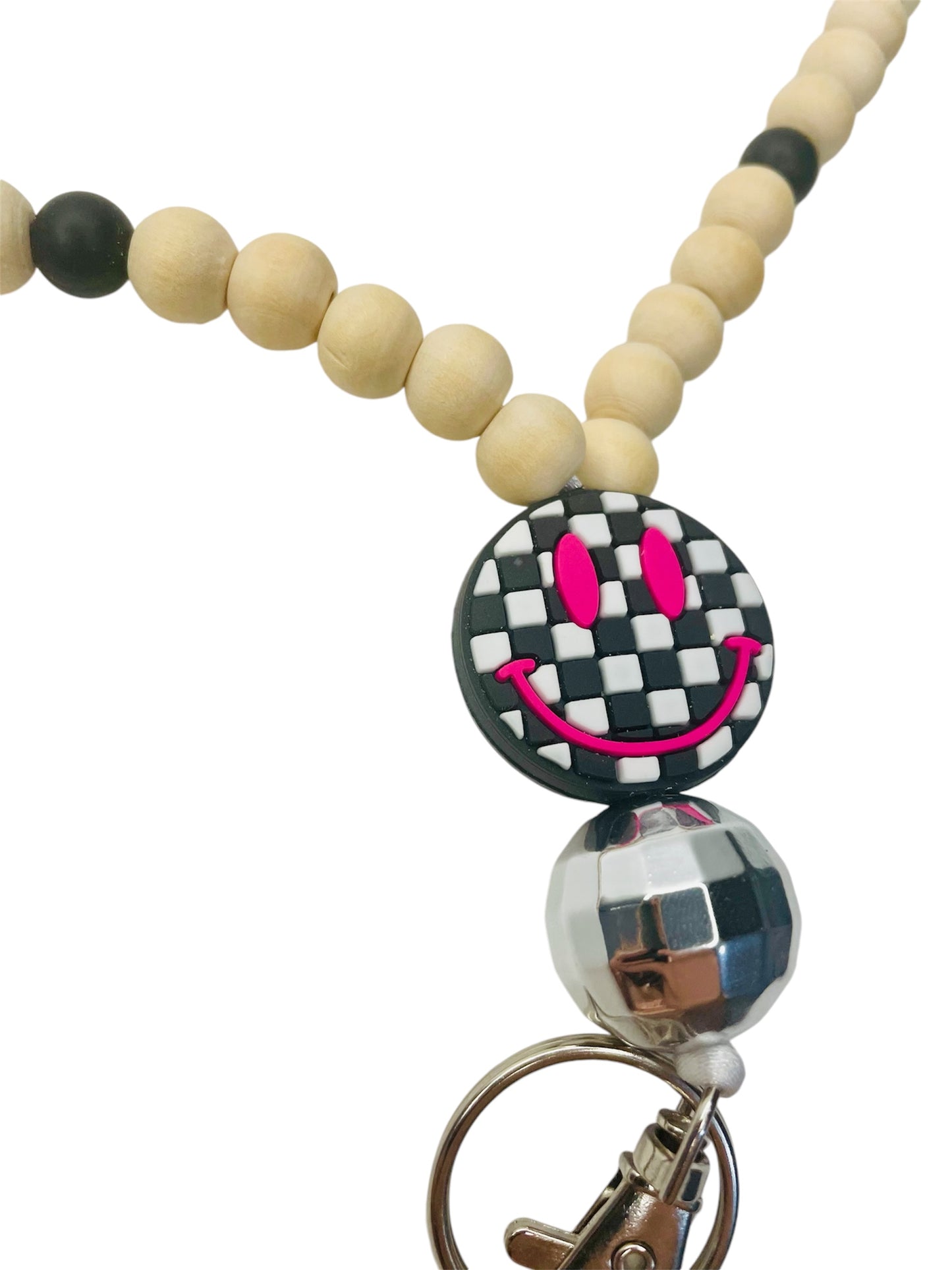 Wooden beaded lanyard with checkered happy face focal bead and breakaway clasp