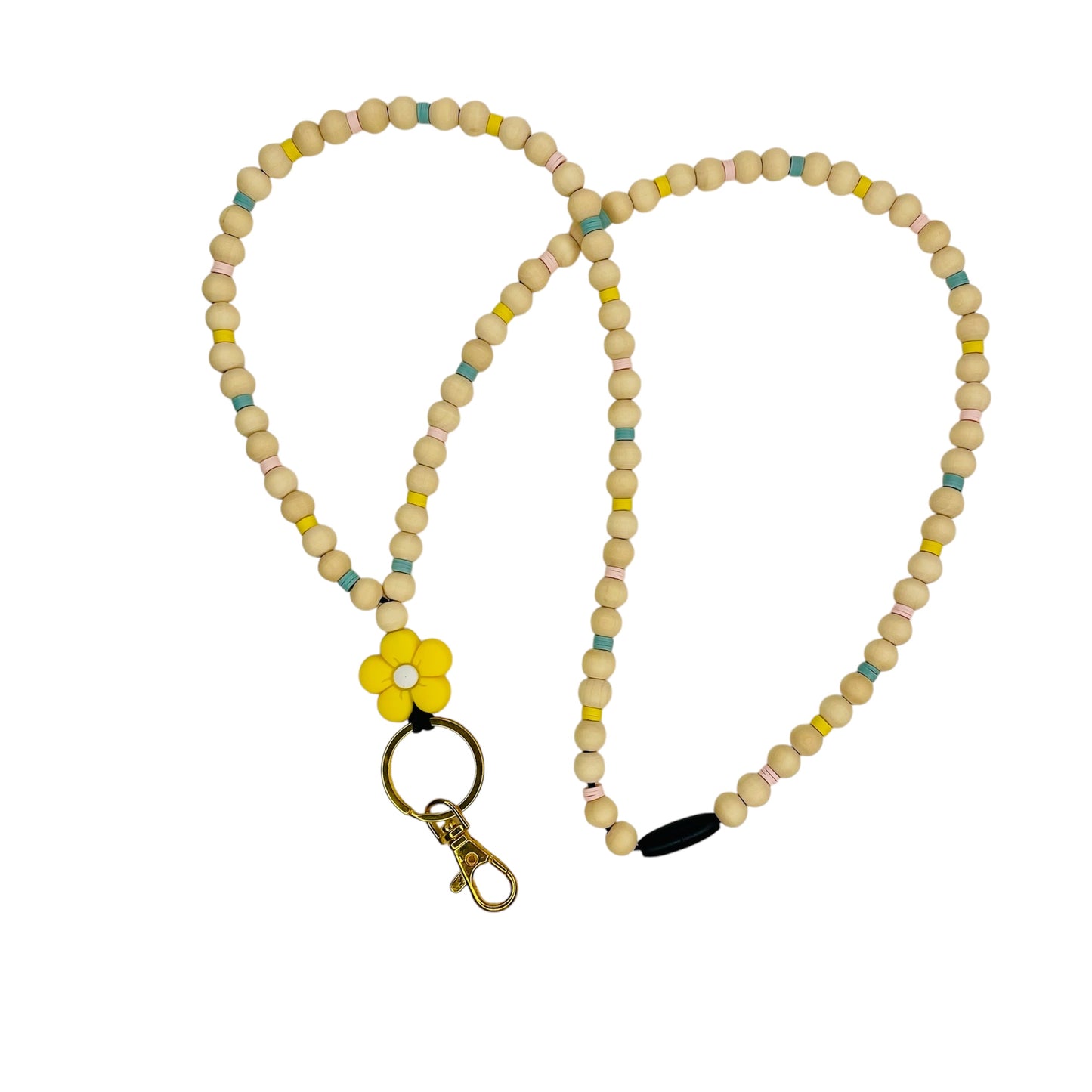 Wooden beaded lanyard, with heshi beads and silicone yellow flower bead, teachers gift, teachers lanyard with a Breakaway clasp