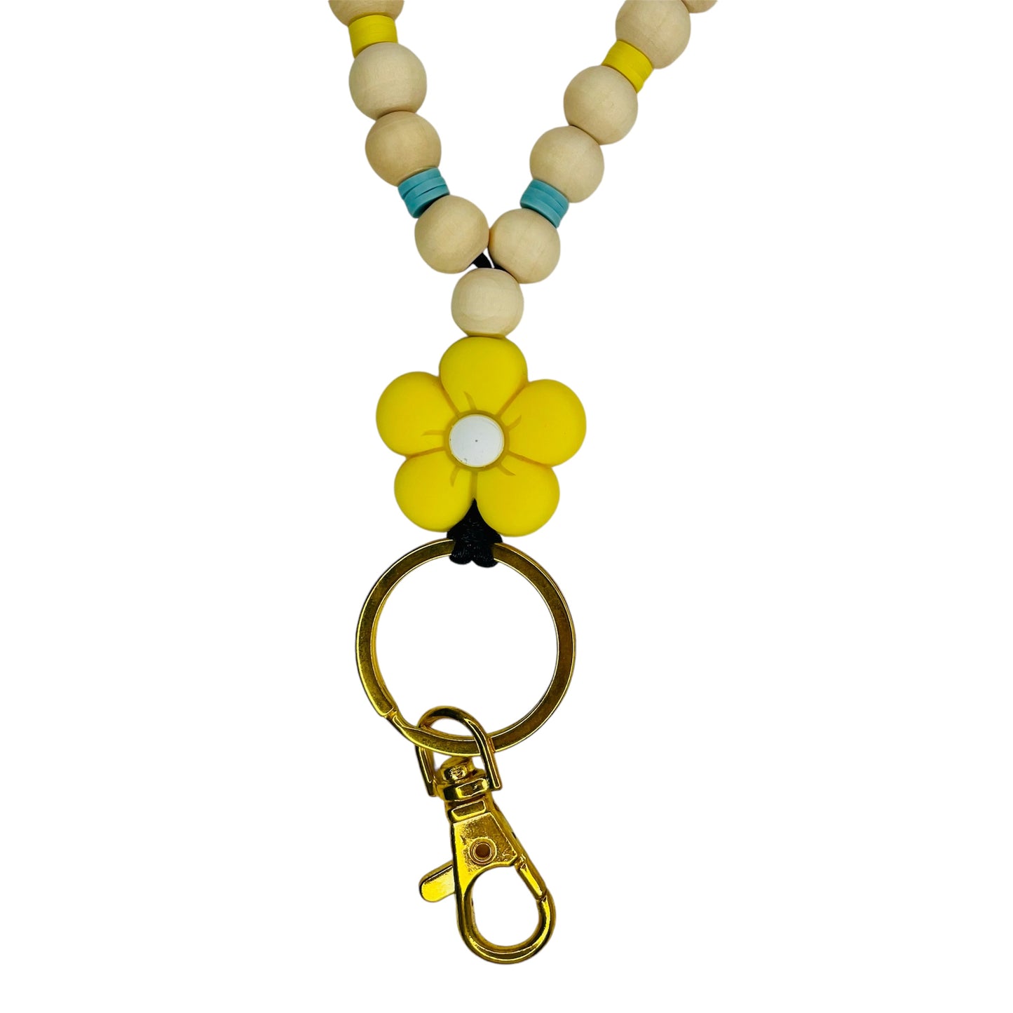 Wooden beaded lanyard, with heshi beads and silicone yellow flower bead, teachers gift, teachers lanyard with a Breakaway clasp