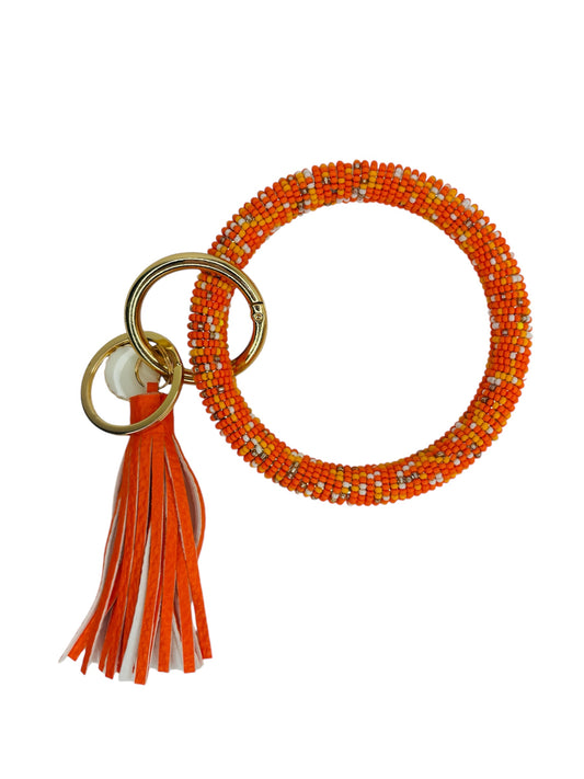 Orange Beaded Wristlet, Seed Bead wrap, orange wristlet with matching orange tassel