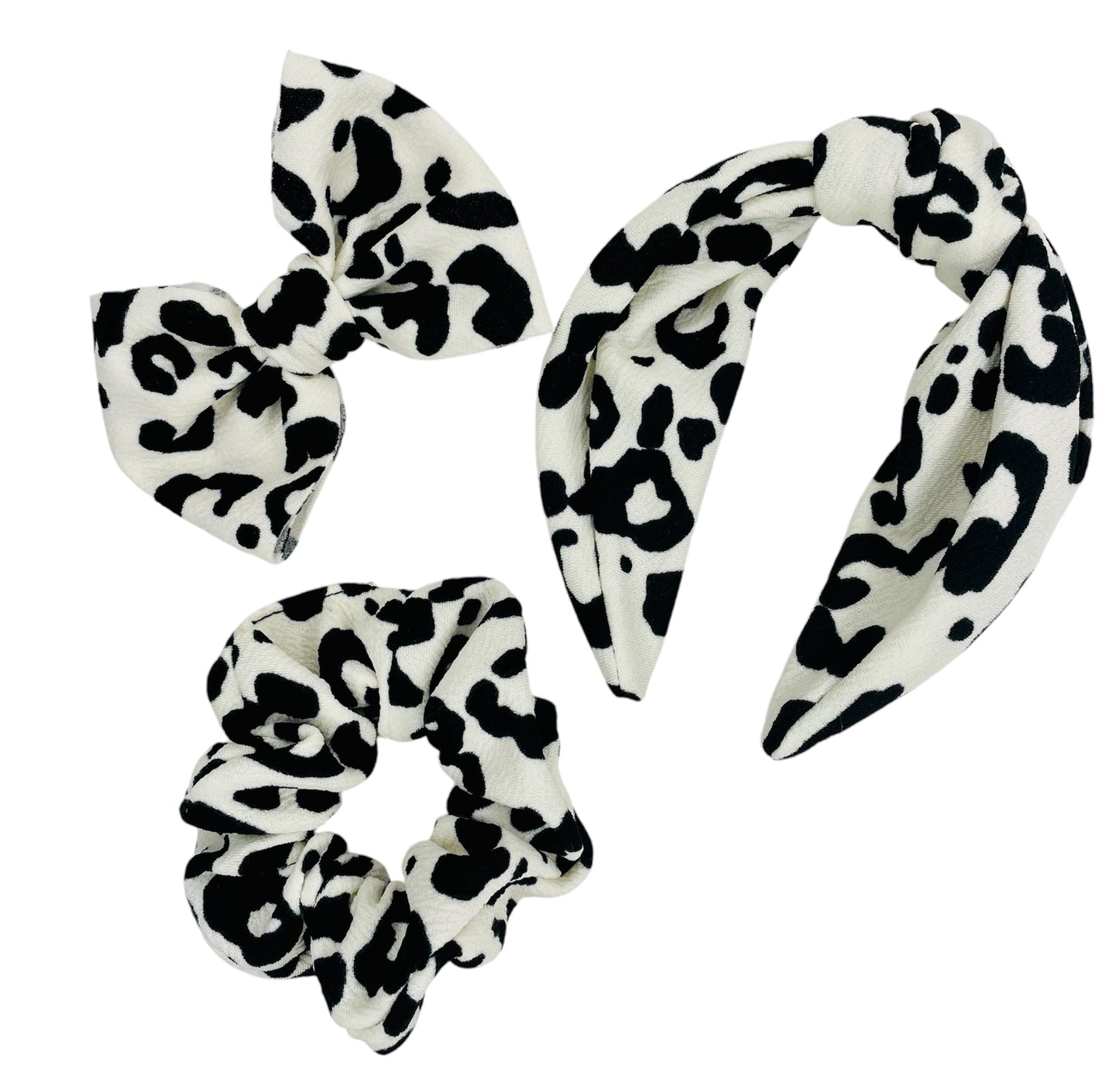 White and black leopard Scrunchie, headband and bow, Hair accessory, Soft Bullet fabric, handmade scrunchie