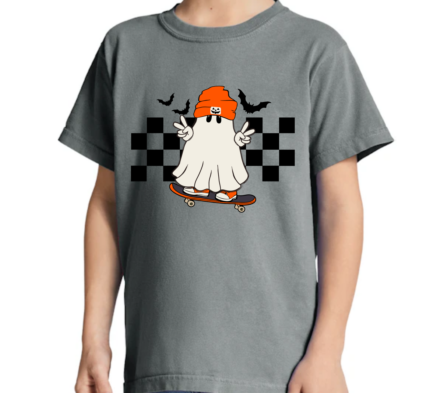 Youth Grey Comfort Color T-shirt with Ghost on Skateboard , Halloween apparel, Fall boys tshirt