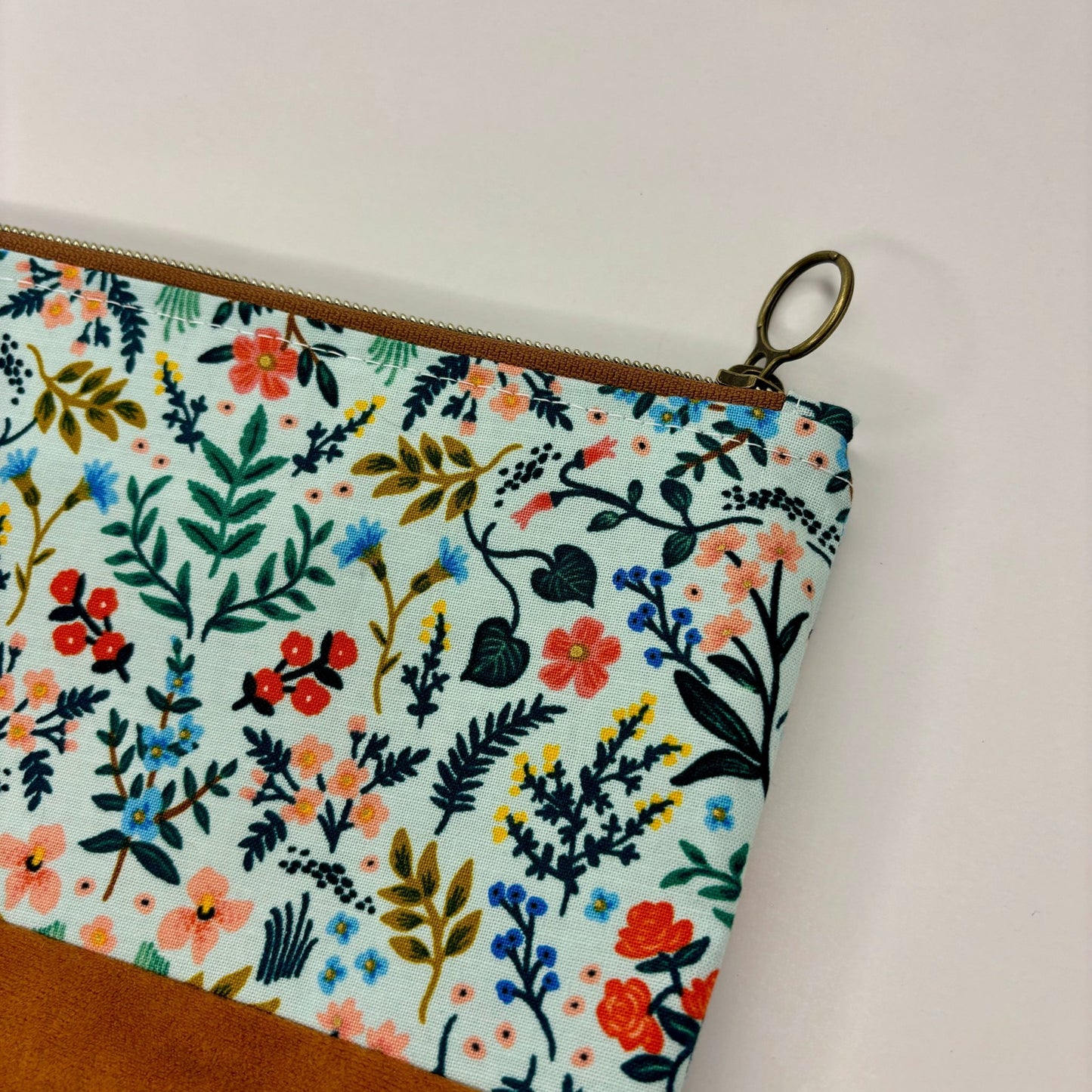 Aqua Blue Floral Bag, Rifle paper co fabric, suede bottom, lined bag, antique brass zipper - KLC by Karelyn D