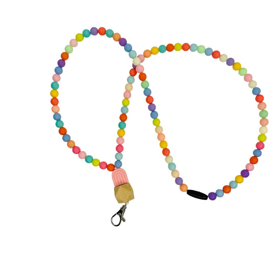 Beaded lanyard with acrylic beads and a pink rainbow bead colorful student and teachers lanyard with a breakaway clasp - KLC by Karelyn D