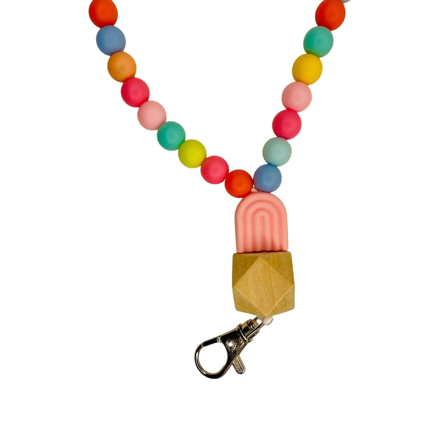 Beaded lanyard with acrylic beads and a pink rainbow bead colorful student and teachers lanyard with a breakaway clasp - KLC by Karelyn D