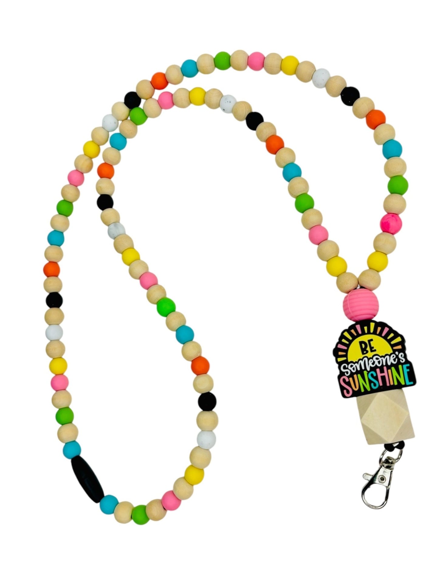 Beaded lanyard with Be someone’s sunshine focal bead and wooden beads and silicone beads with breakaway clasp - KLC by Karelyn D