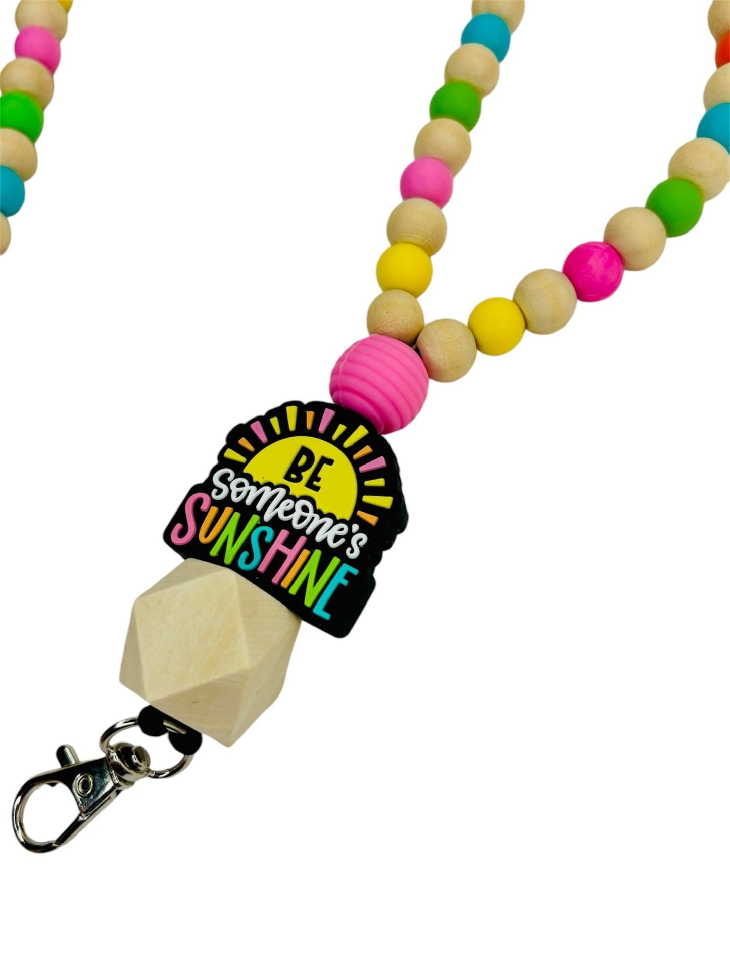 Beaded lanyard with Be someone’s sunshine focal bead and wooden beads and silicone beads with breakaway clasp - KLC by Karelyn D