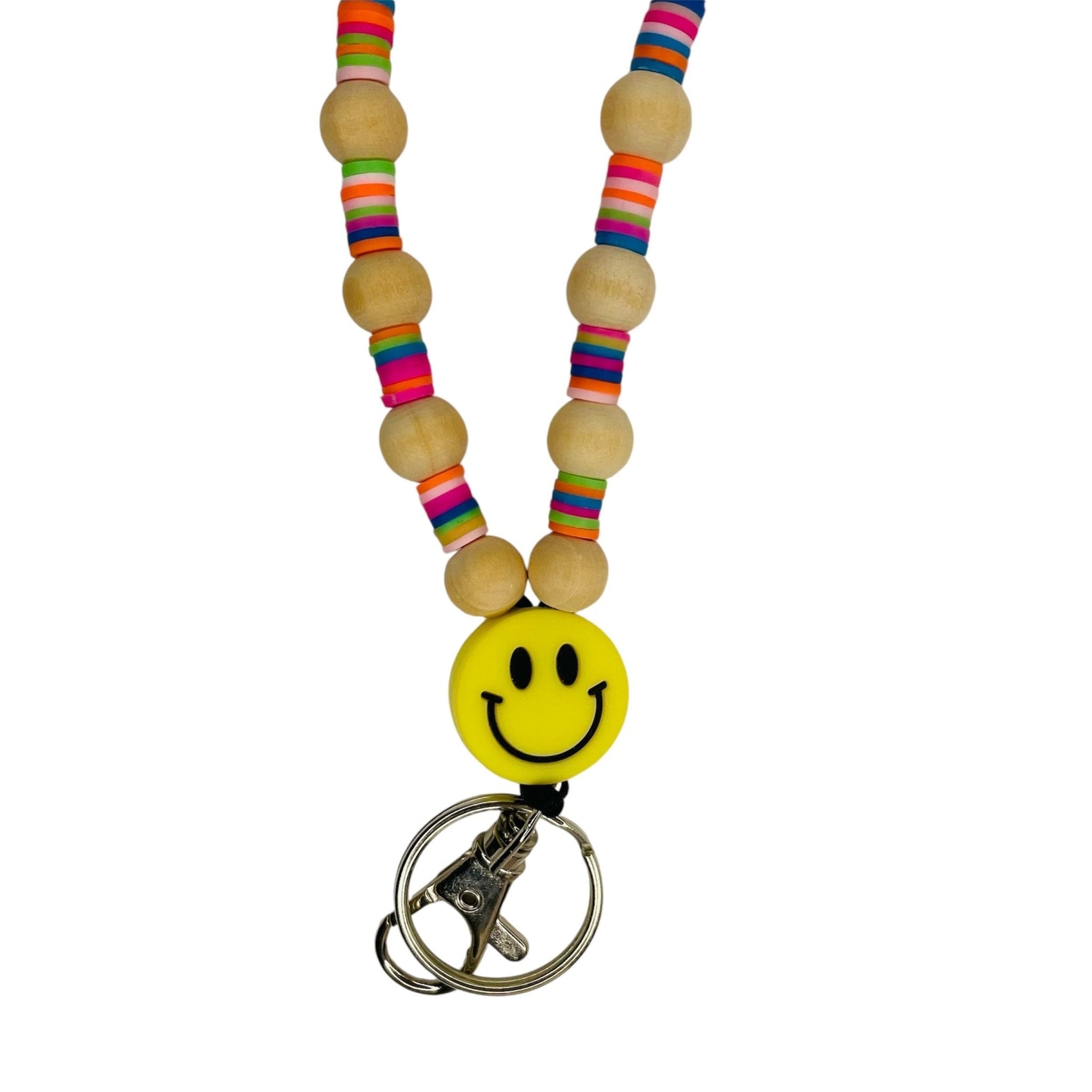 Beaded lanyard with colorful heishi bead and wooden beads, yellow happy face teachers, and student lanyard with breakaway clasp - KLC by Karelyn D