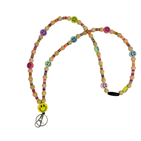 Beaded lanyard with colorful heishi bead and wooden beads, yellow happy face teachers, and student lanyard with breakaway clasp - KLC by Karelyn D