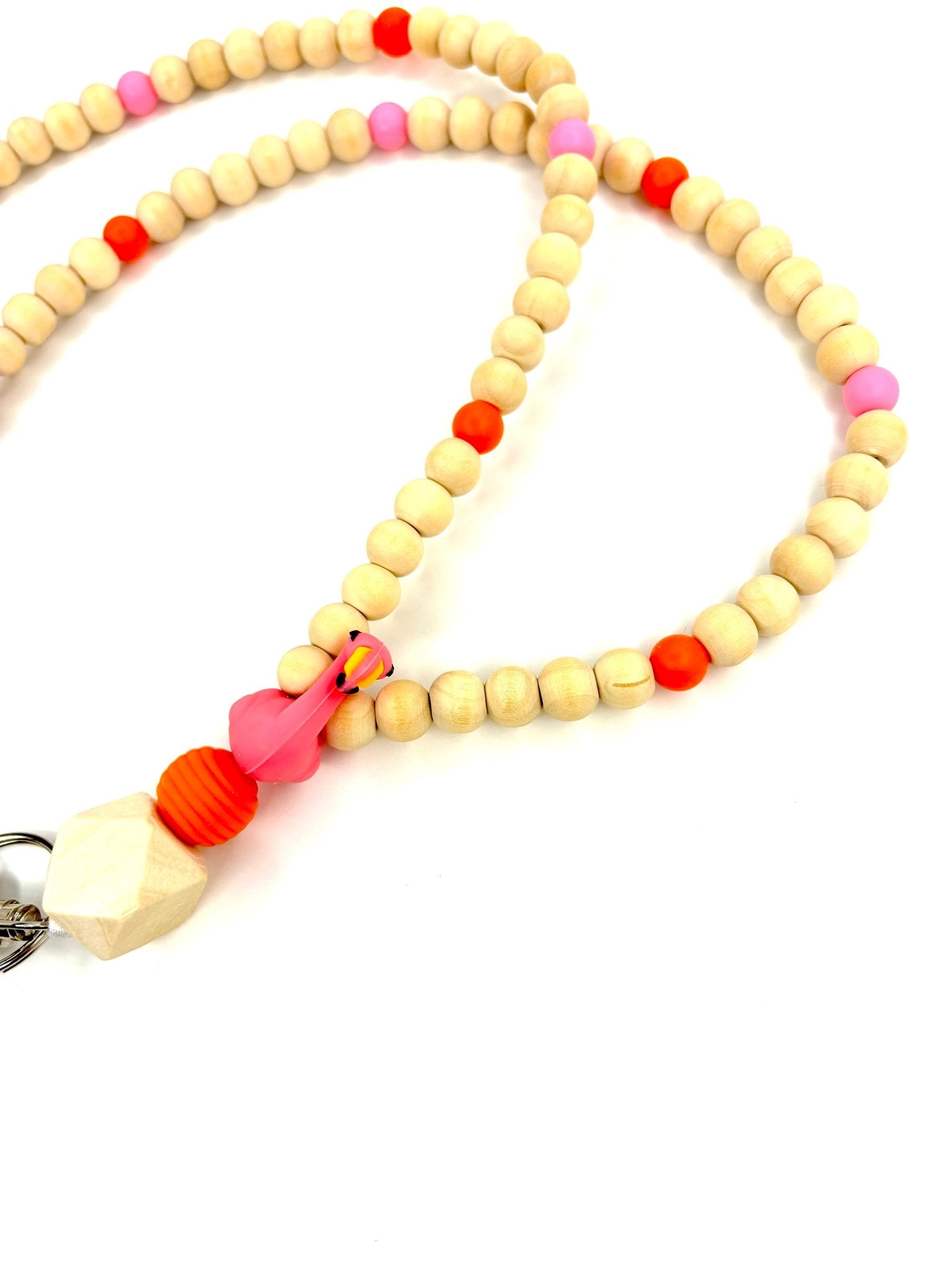 Beaded lanyard with Flamingo focal bead and wooden beads and silicone beads with breakaway clasp - KLC by Karelyn D