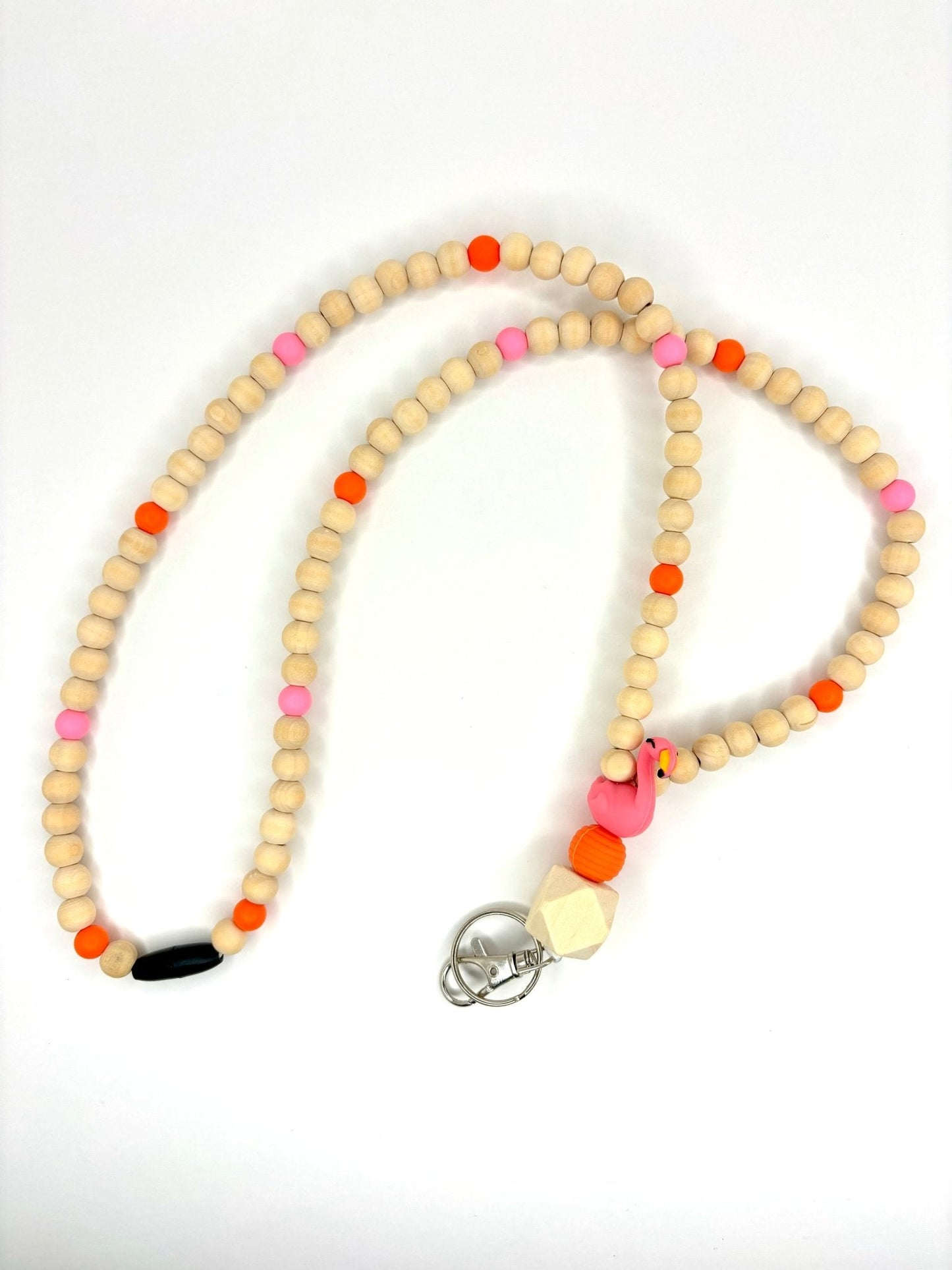 Beaded lanyard with Flamingo focal bead and wooden beads and silicone beads with breakaway clasp - KLC by Karelyn D