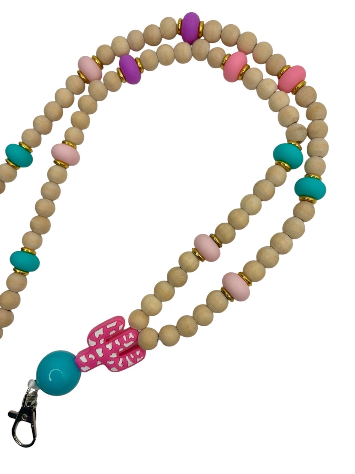 Beaded lanyard with pink cactus focal bead and wooden beads with breakaway clasp - KLC by Karelyn D