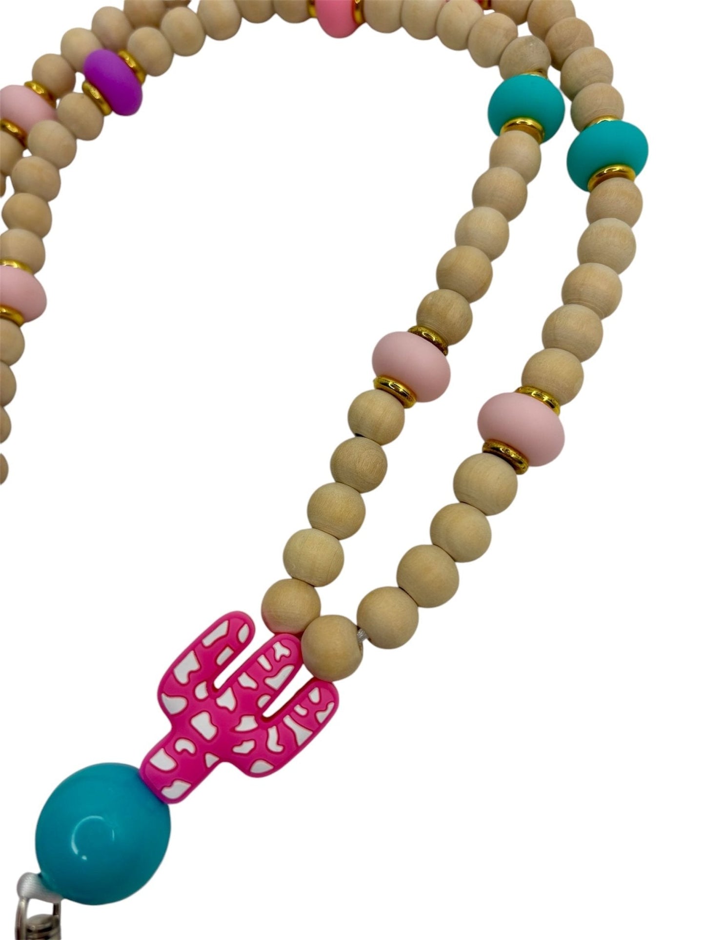 Beaded lanyard with pink cactus focal bead and wooden beads with breakaway clasp - KLC by Karelyn D