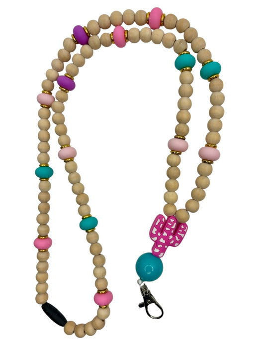 Beaded lanyard with pink cactus focal bead and wooden beads with breakaway clasp - KLC by Karelyn D