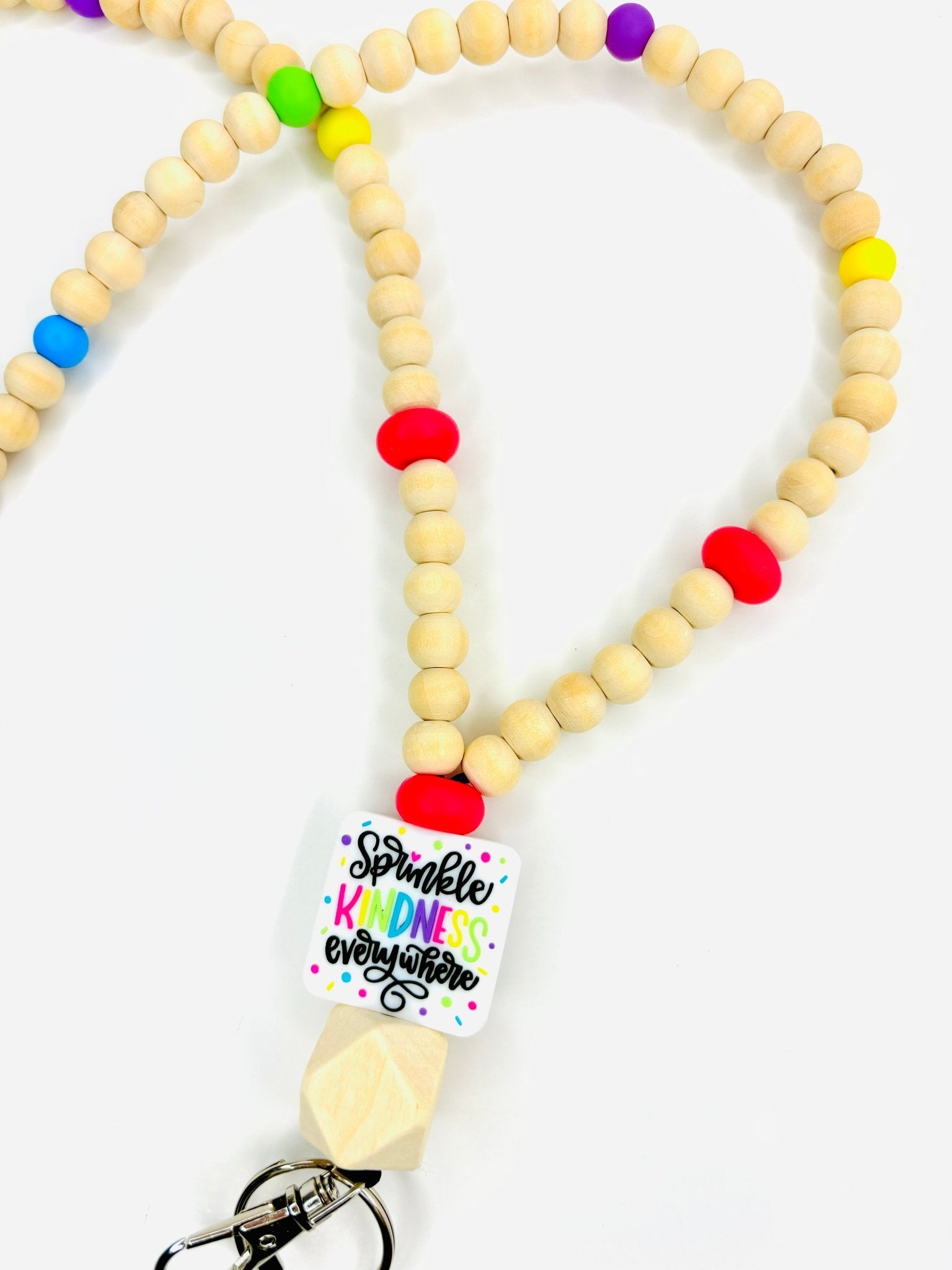 Beaded lanyard with “sprinkle kindness everywhere” focal bead and wooden beads with breakaway clasp - KLC by Karelyn D