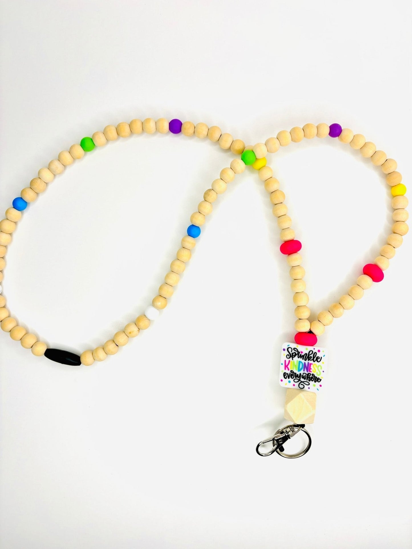 Beaded lanyard with “sprinkle kindness everywhere” focal bead and wooden beads with breakaway clasp - KLC by Karelyn D