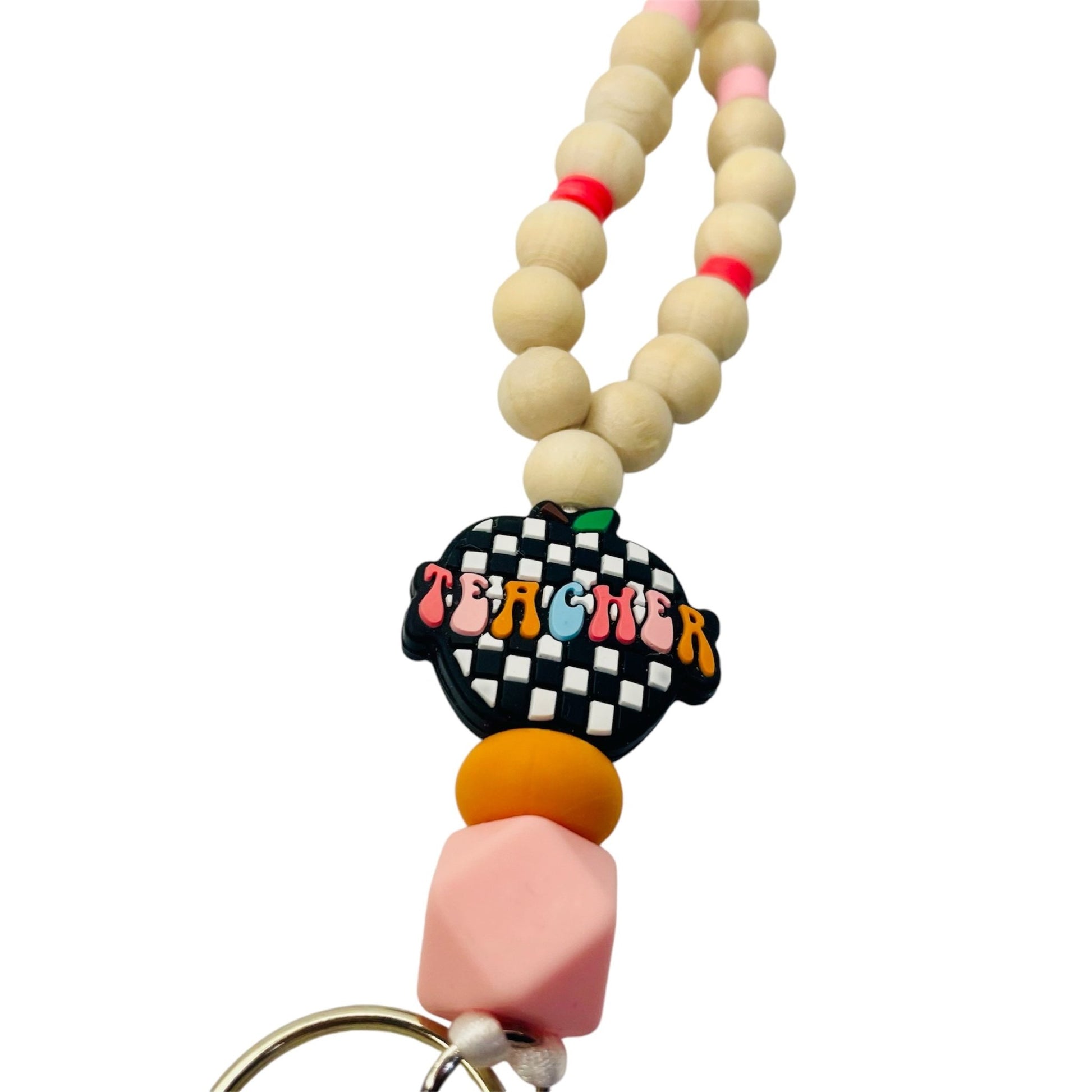 Beaded Teachers Lanyard with checkered Apple focal bead and colorful heshi beads - KLC by Karelyn D