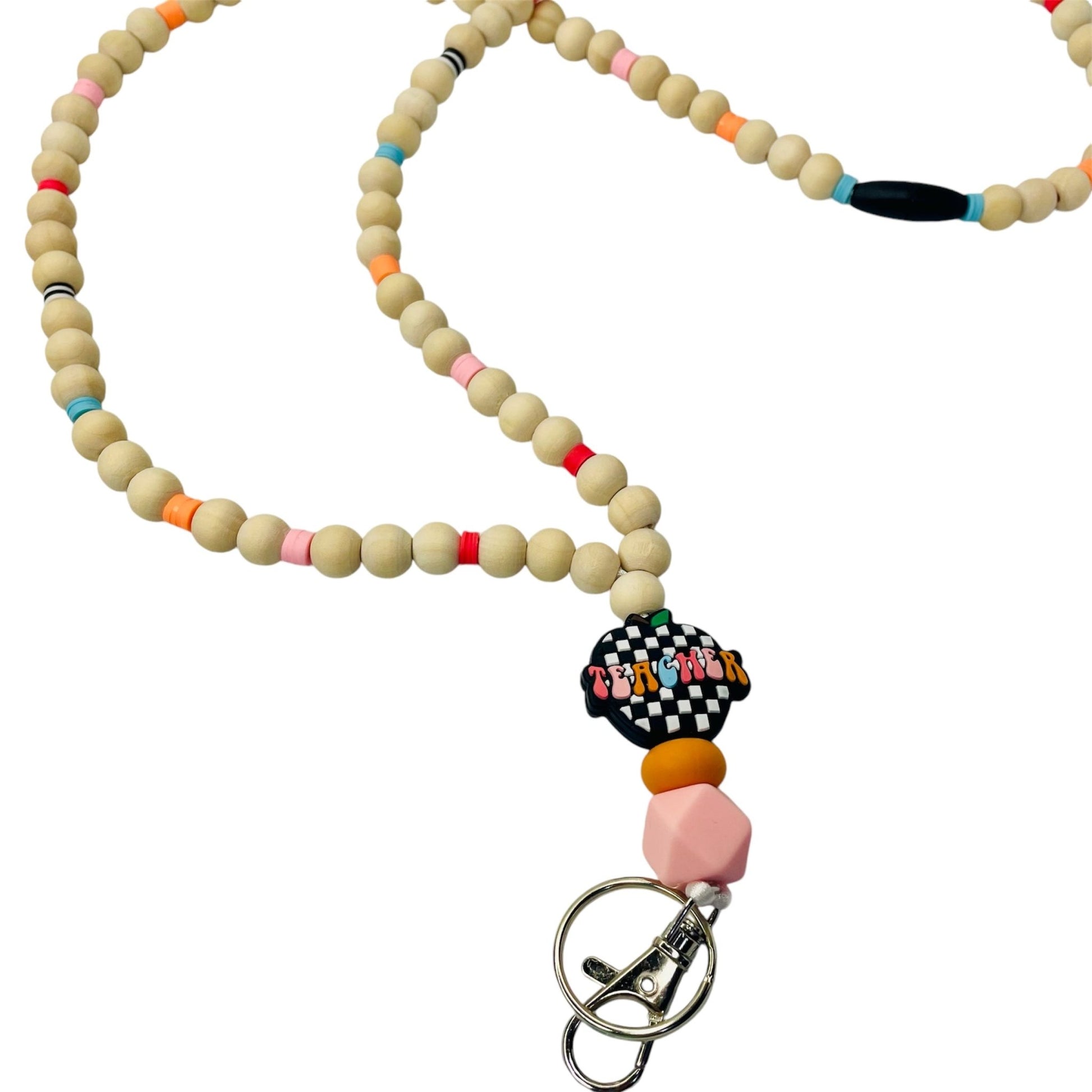 Beaded Teachers Lanyard with checkered Apple focal bead and colorful heshi beads - KLC by Karelyn D