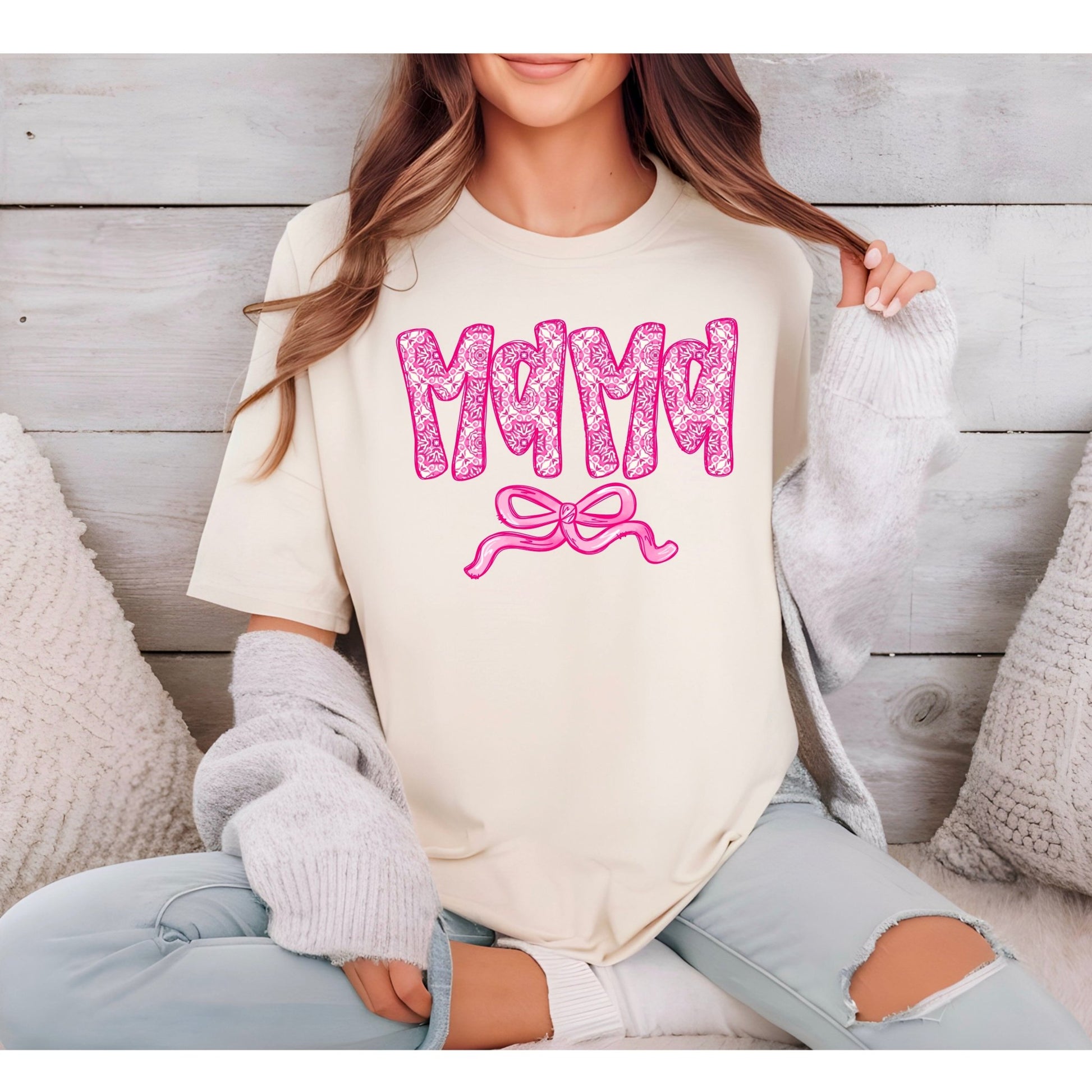 Beautiful Pink Mama Bow Ivory Tee - KLC by Karelyn D