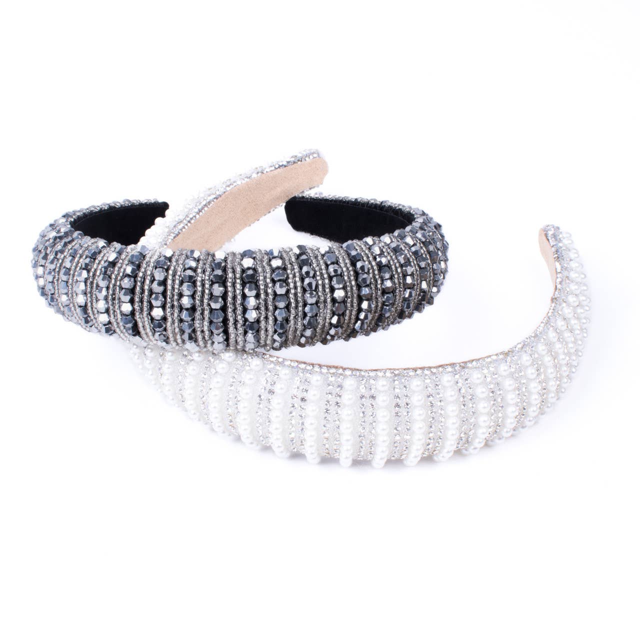 Black Beaded Padded Headband with Pearls & Rhinestones - KLC by Karelyn D