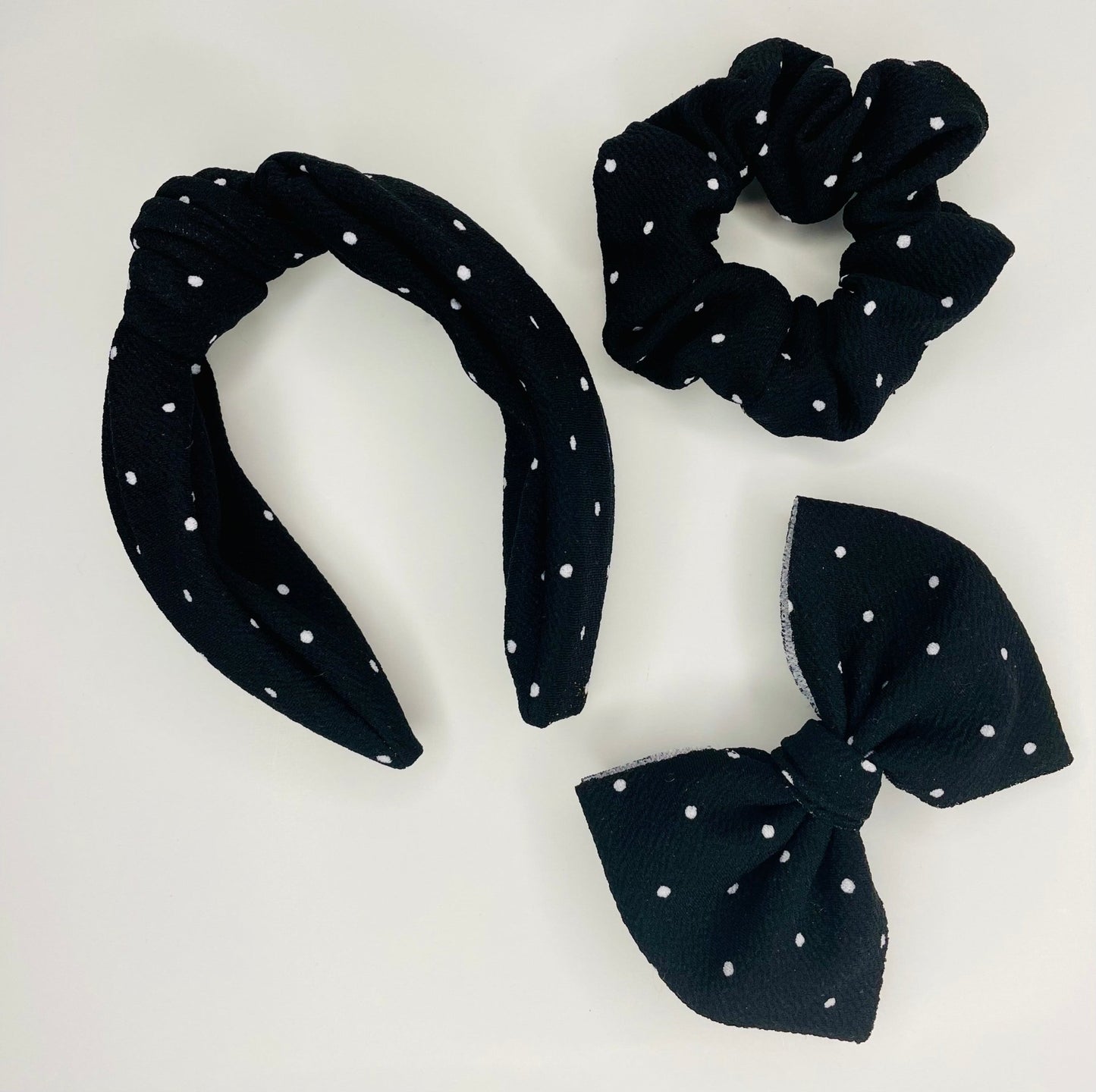 Black with white dots Scrunchie, headband and bow, Hair accessory, Soft Bullet fabric, handmade scrunchie - KLC by Karelyn D