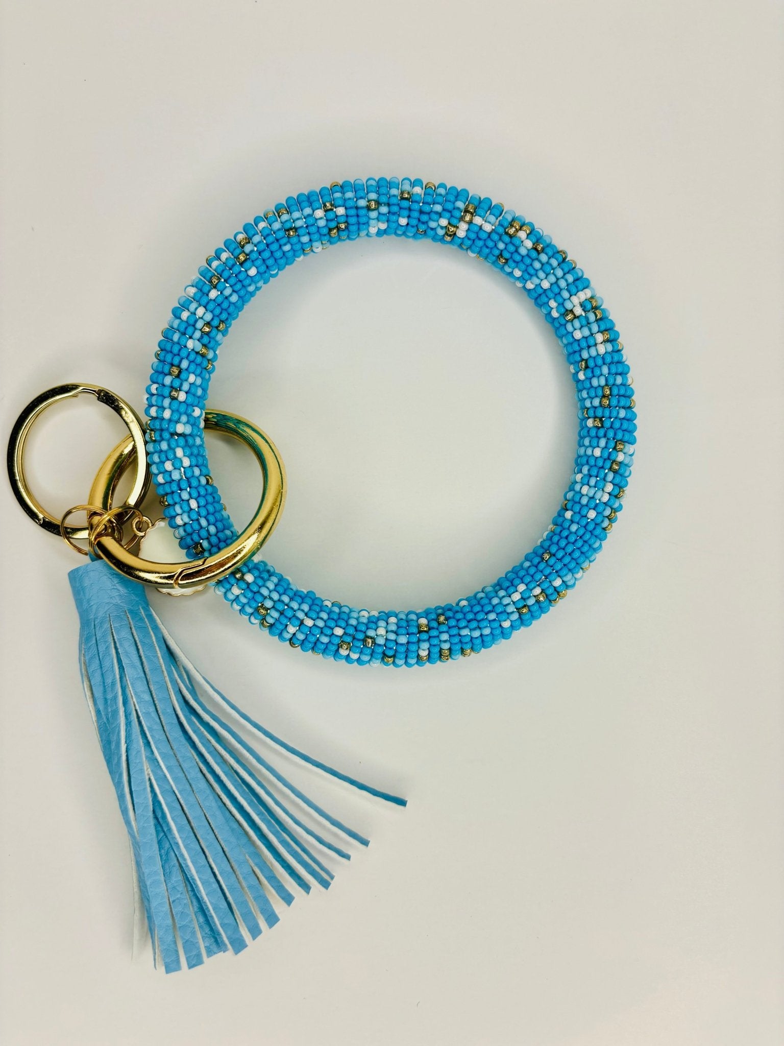 Blue Beaded Wristlet, Seed Bead wrap, Blue wristlet with matching blue tassel - KLC by Karelyn D