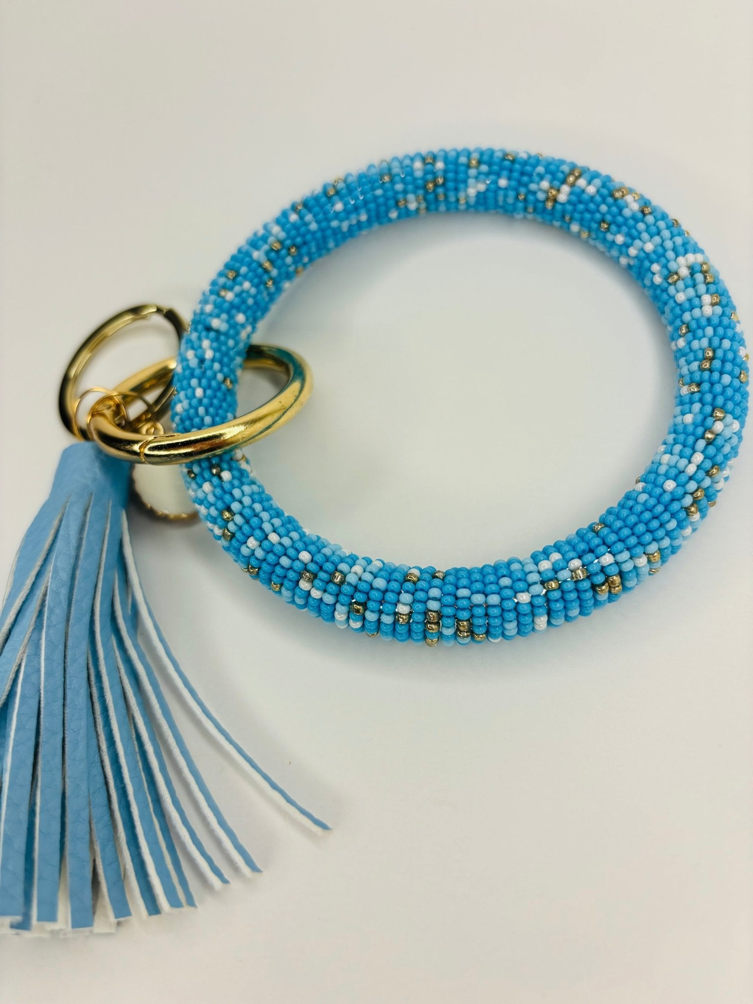 Blue Beaded Wristlet, Seed Bead wrap, Blue wristlet with matching blue tassel - KLC by Karelyn D