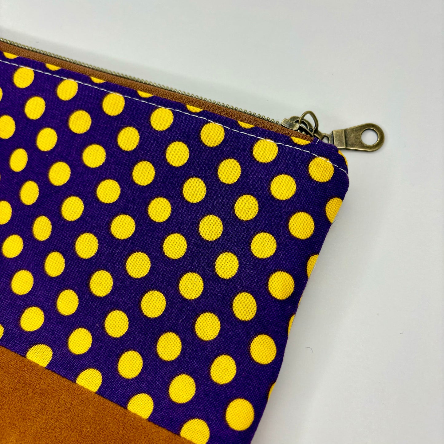 Purple and Gold Bag, gold polka dots on purple, suede bottom, antique brass zipper