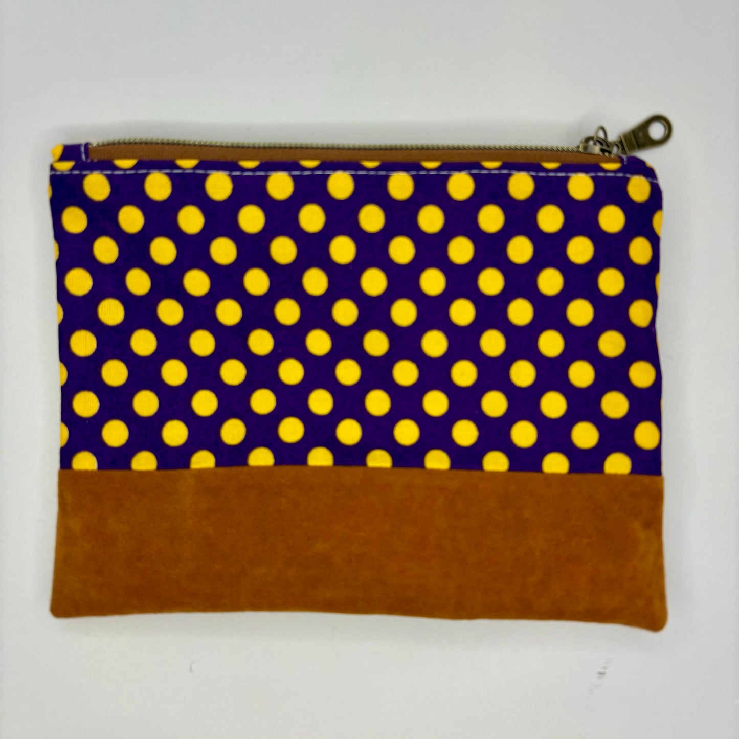 Purple and Gold Bag, gold polka dots on purple, suede bottom, antique brass zipper