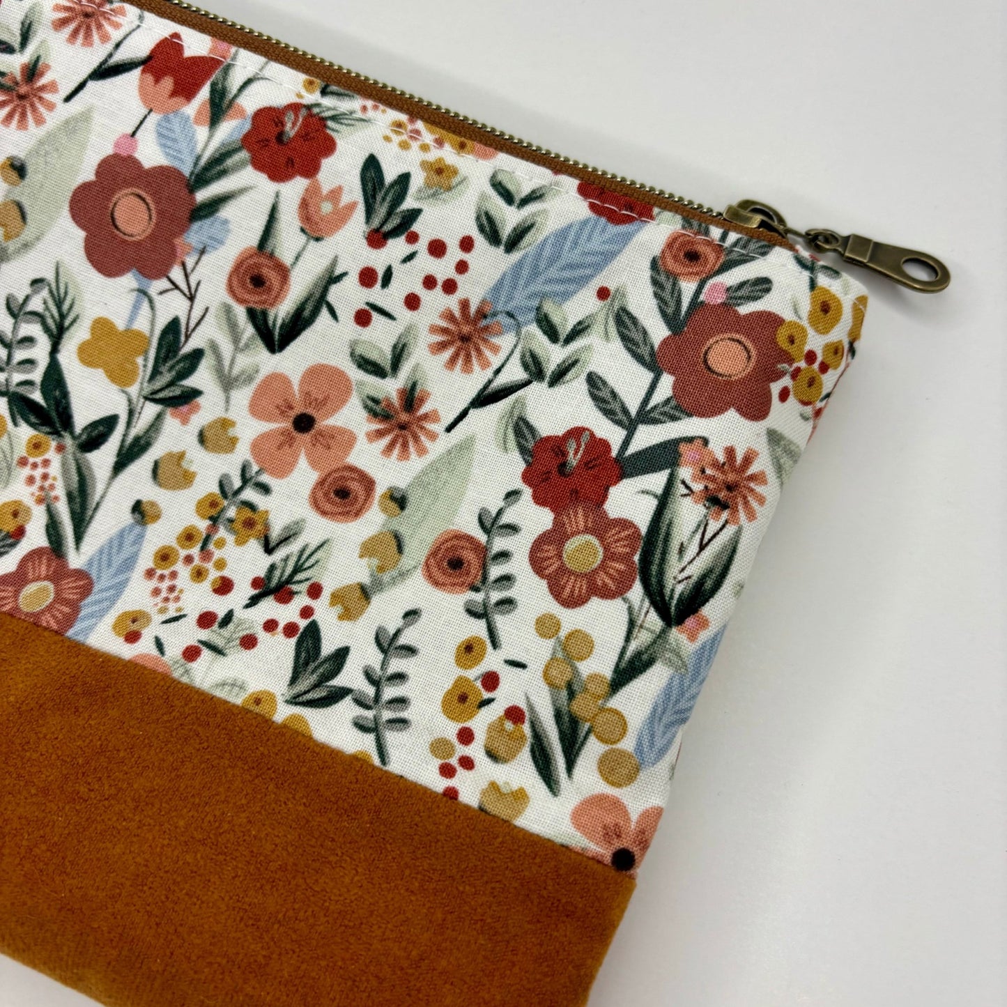 Boho Florals on white Bag, floral zipper pouch, suede bottom, antique zipper - KLC by Karelyn D