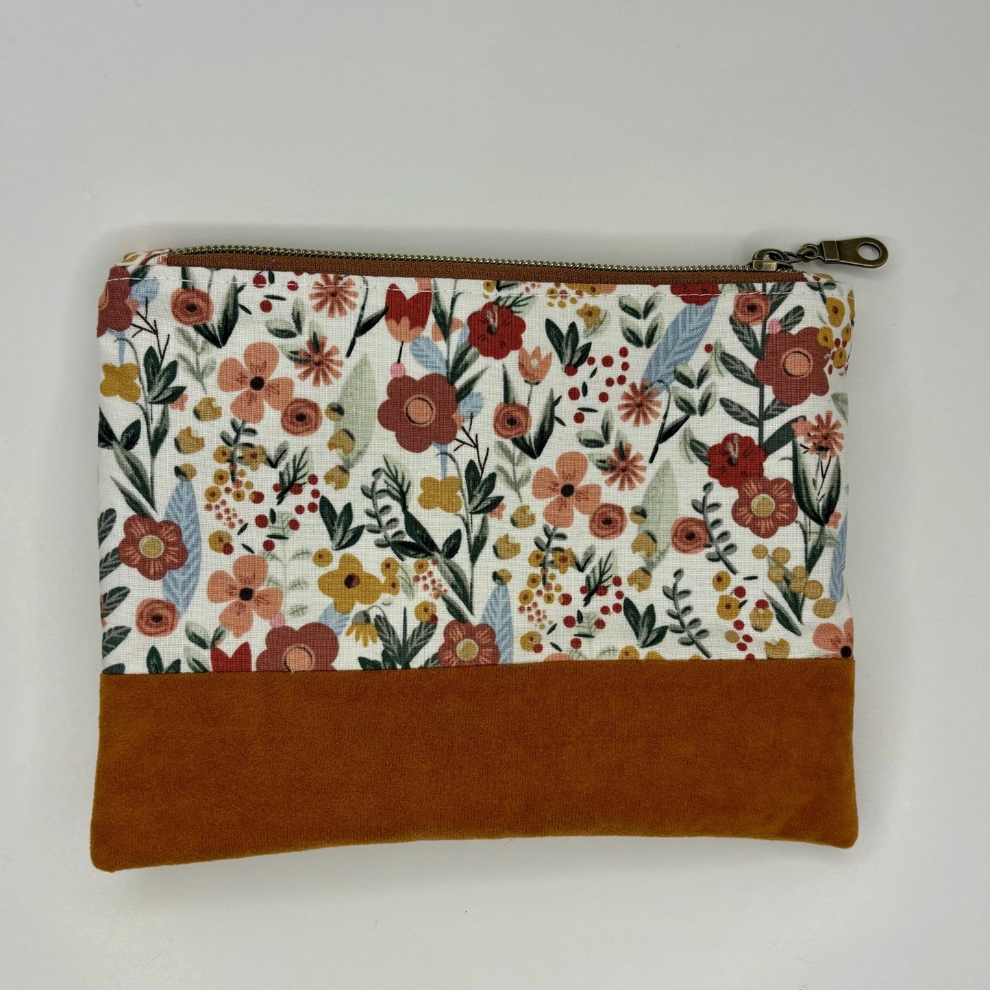 Boho Florals on white Bag, floral zipper pouch, suede bottom, antique zipper - KLC by Karelyn D