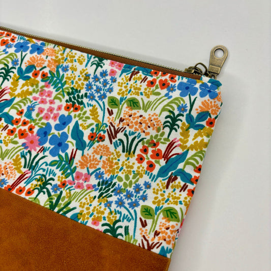 Bright Florals on white Bag, Rifle Paper Co Fabric, floral zipper pouch, suede bottom, antique zipper - KLC by Karelyn D