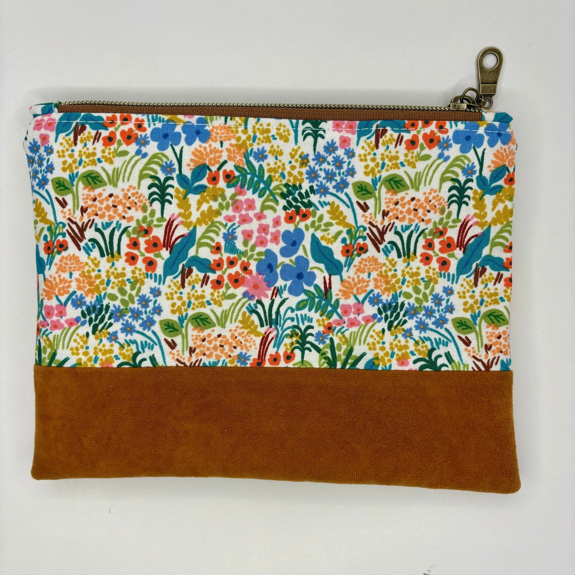 Bright Florals on white Bag, Rifle Paper Co Fabric, floral zipper pouch, suede bottom, antique zipper - KLC by Karelyn D