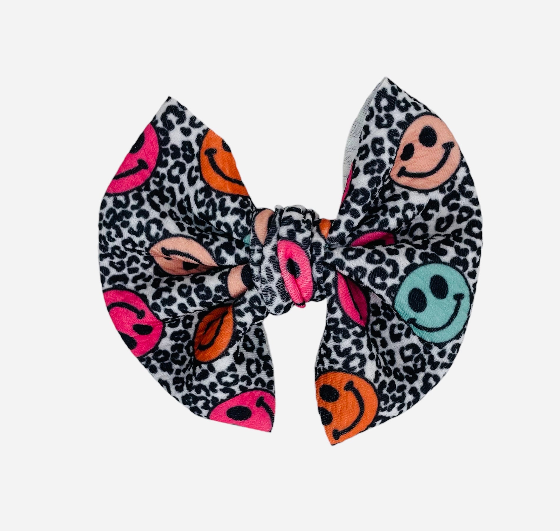 Bright Multicolored Happy face Leopard Soft Bow, 5 inch hair bow, soft bullet fabric, Leopard Bow, smile - KLC by Karelyn D