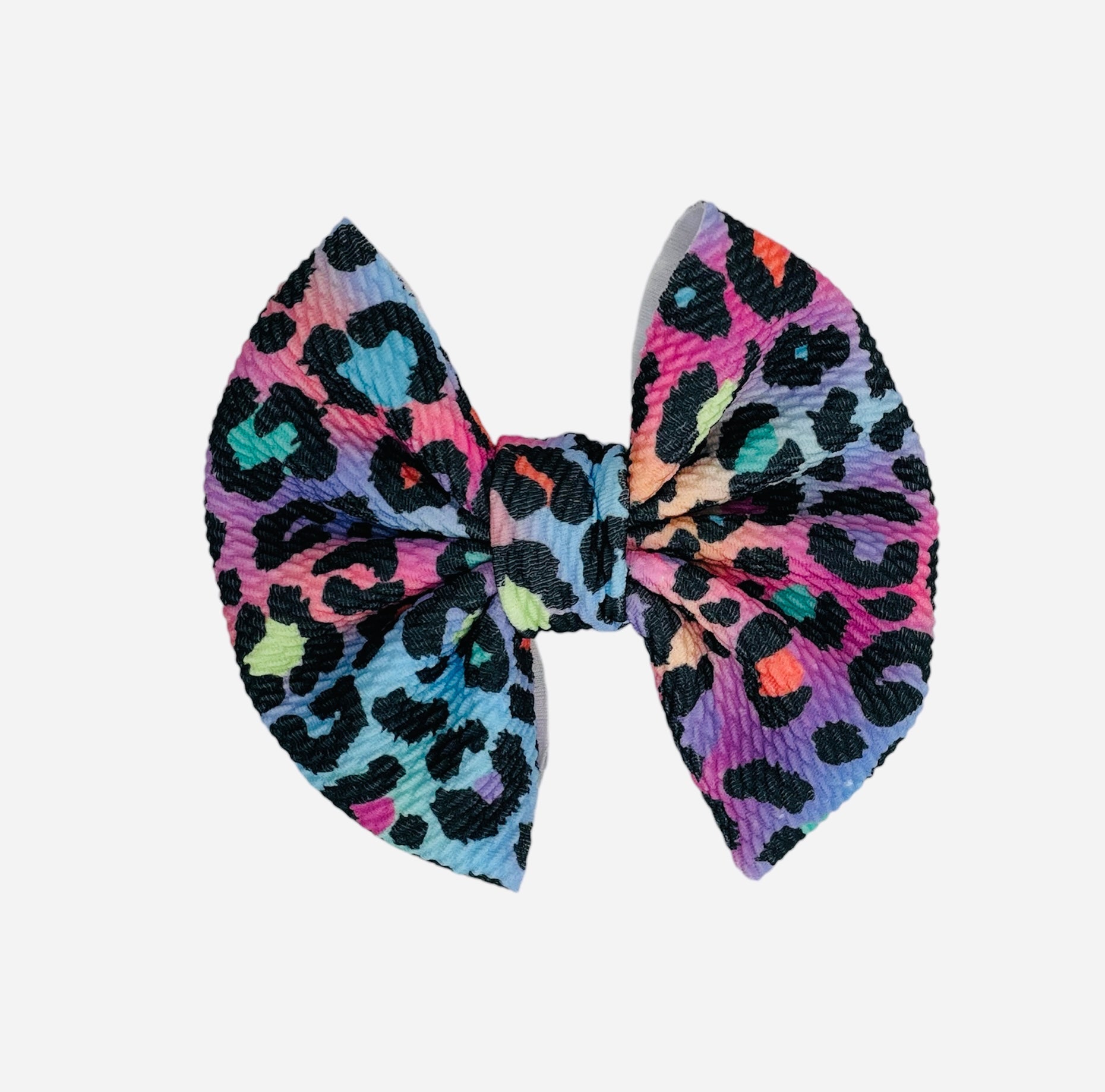 Bright Multicolored Leopard Soft Bow, 5 inch hair bow, soft bullet fabric, Leopard Bow - KLC by Karelyn D