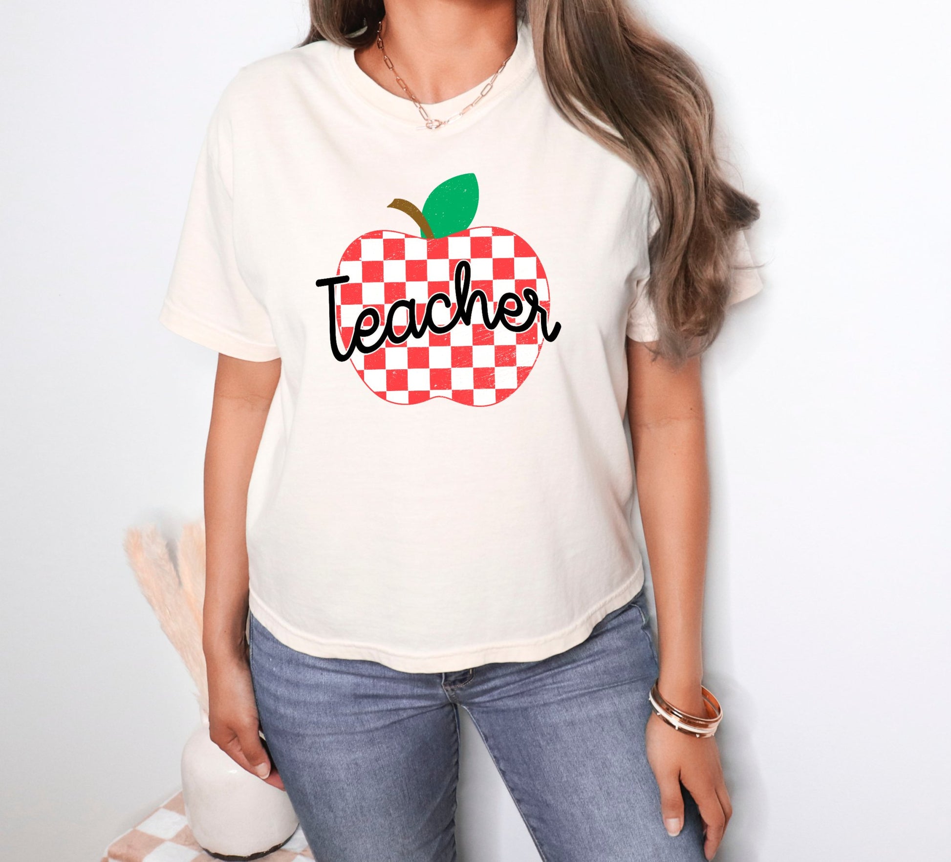 Checkered Apple Teacher T-shirt on Cream Comfort Colors, Teacher Apparel - KLC by Karelyn D