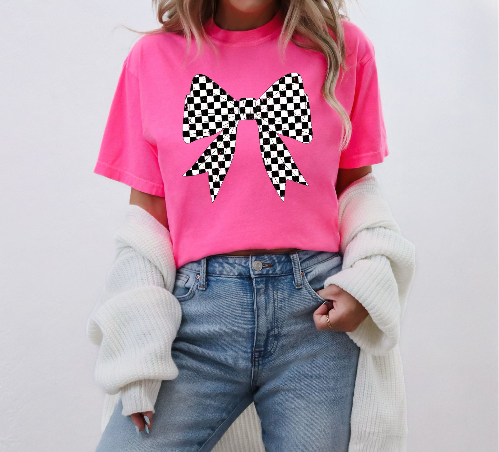 Checkered Bow T-shirt on Neon Pink - KLC by Karelyn D