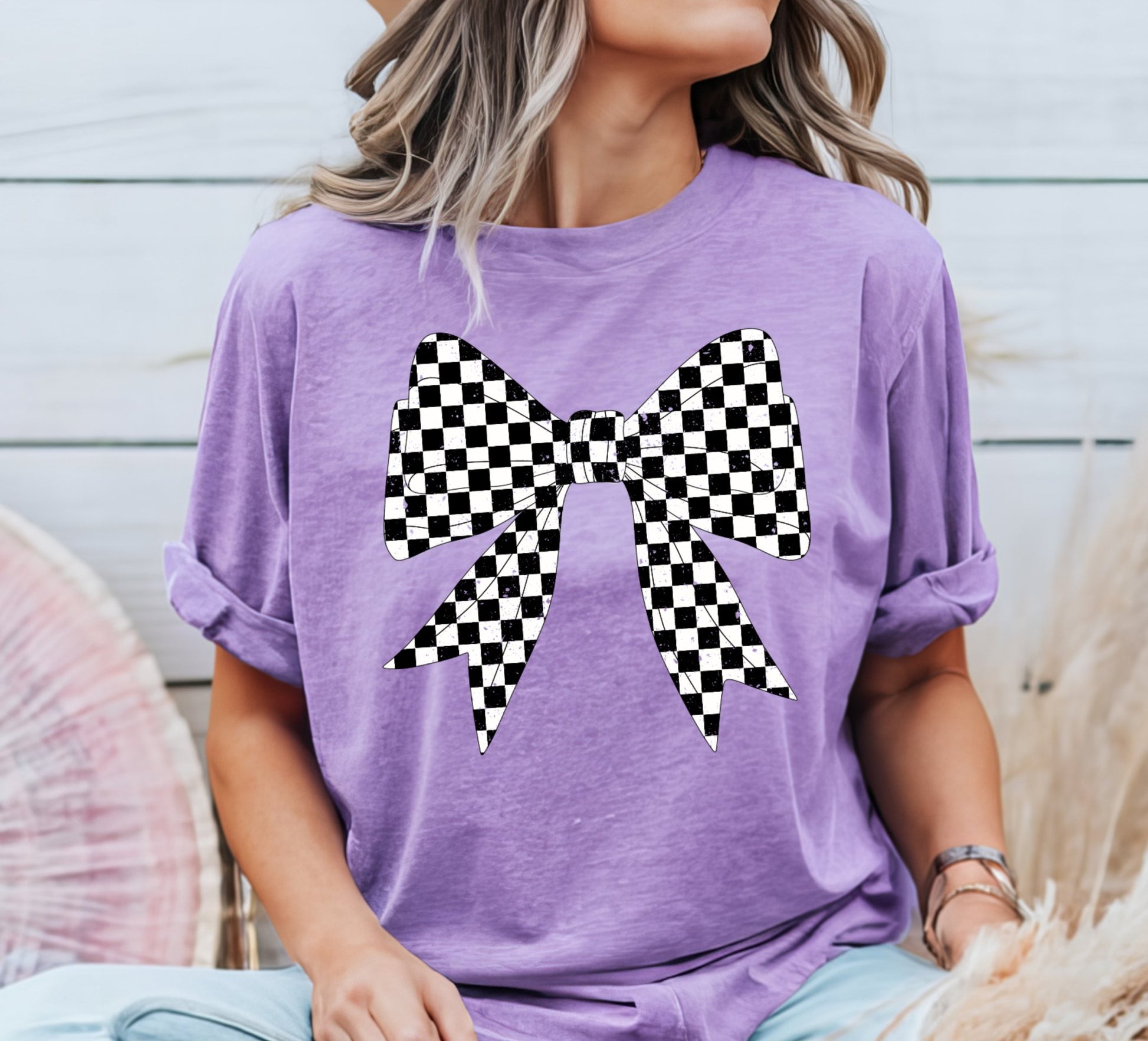 Checkered Coquette Bow T-shirt on Purple Comfort Colors, Girlie Apparel, Black and white checkered bow - KLC by Karelyn D