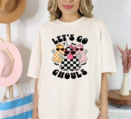 Checkered ghost T-shirt on Cream Comfort Colors, Let’s go ghouls shirt, Halloween shirt, fall apparel - KLC by Karelyn D