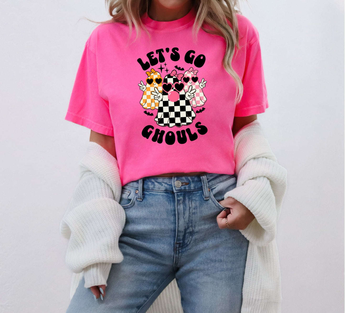 Checkered ghost T-shirt on Pink Comfort Colors - KLC by Karelyn D