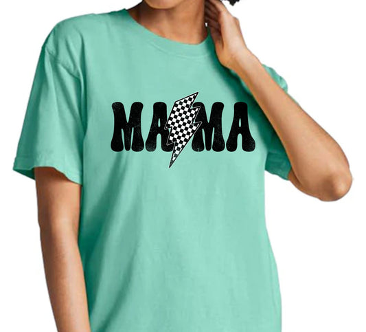 Checkered Lightning Bolt Mama on Comfort Color T-shirt, Mint Tshirt, Mama T-shirt - KLC by Karelyn D