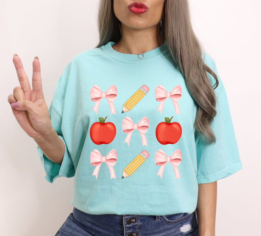 Comfort Colors Teacher T-shirt Coquette Bows, Pencils, and apples - KLC by Karelyn D