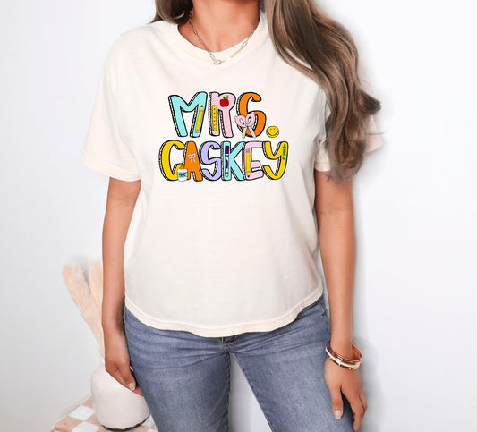 Customized Name Teacher T-shirt on Cream Comfort Colors, Teacher Apparel - KLC by Karelyn D