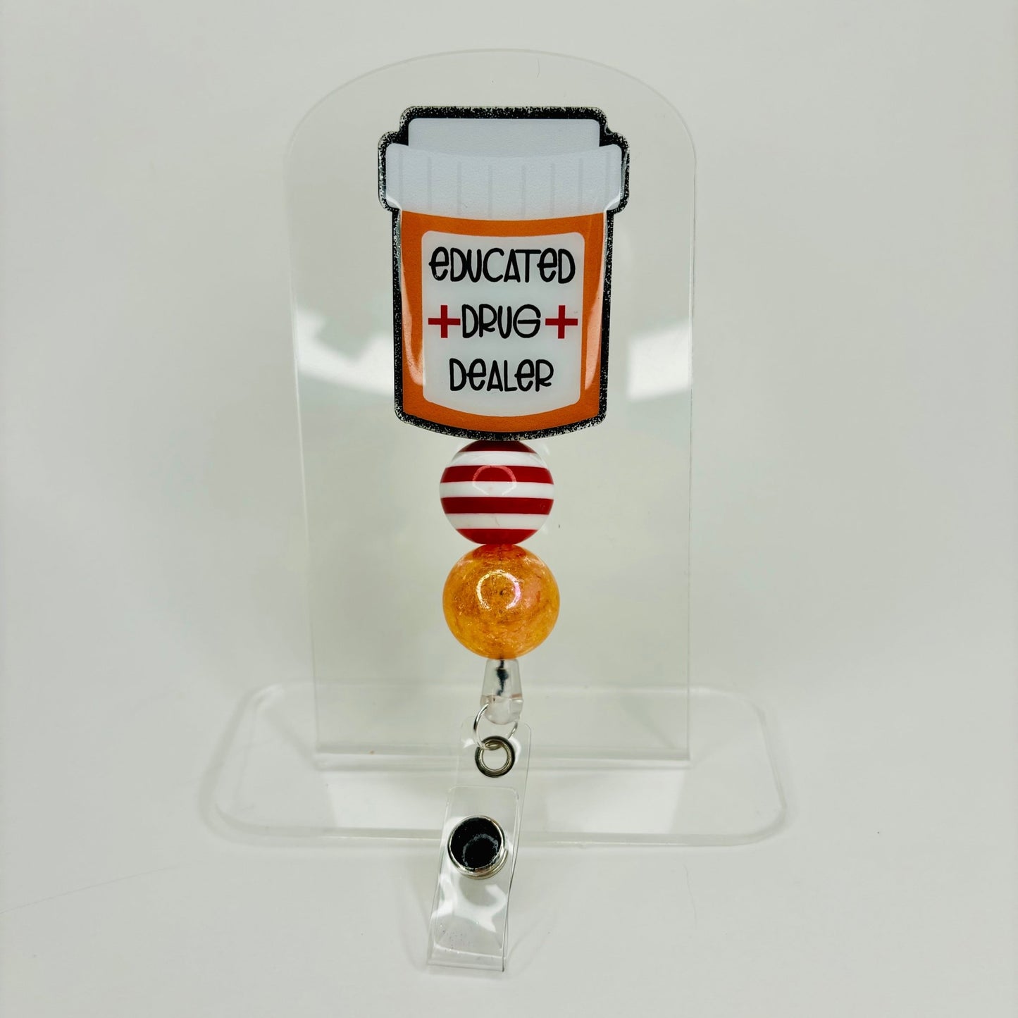 Educated Drug Dealer Badge Reel, Beaded badge reel, ID badge holder, Cute pill bottle badge reel - KLC by Karelyn D