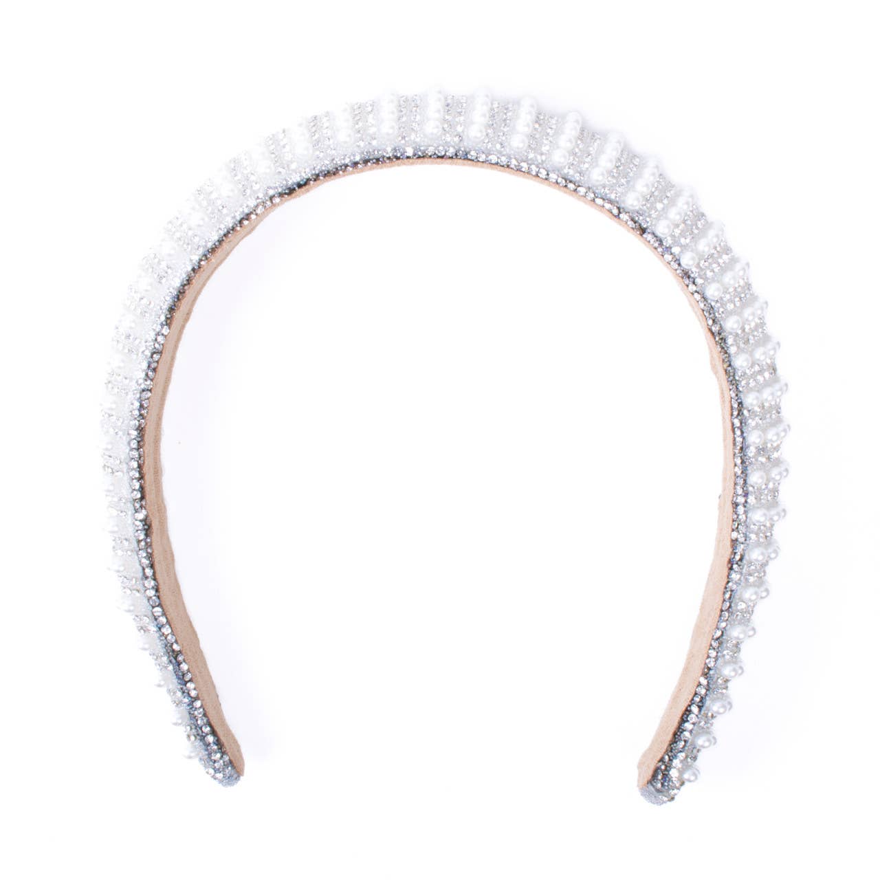 White Beaded Padded Headband with Pearl & Rhinestone